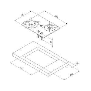 PIANO COTTURA A GAS CON 2 FUOCHI 1000+1900W CRYSTAL